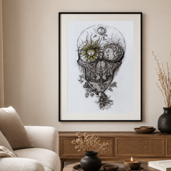 Gerahmter Gothic Skull Fine Art Print „Zwischen Licht und Schatten“ in einem ruhigen Wohnraum
