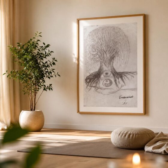 Gerahmter Fine Art Print „As Above So Below“ mit Lebensbaum und Yin-Yang