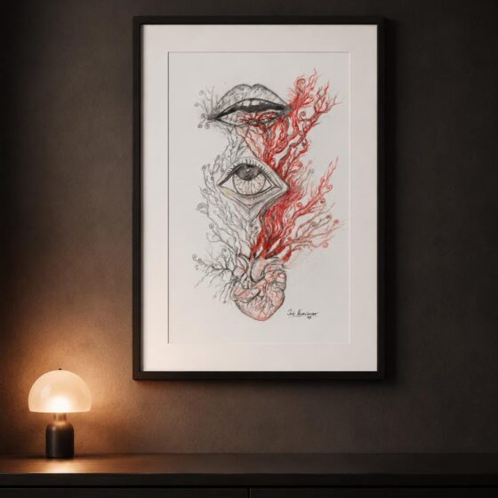 Gerahmter Fine Art Print „The Price of Truth“ mit Auge und anatomischem Herz