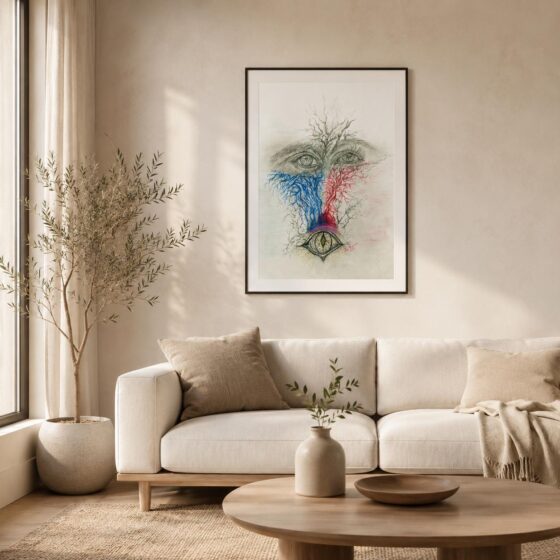 Gerahmter Fine Art Print „Beyond The Noise“ mit drittem Auge in einem Wohnraum