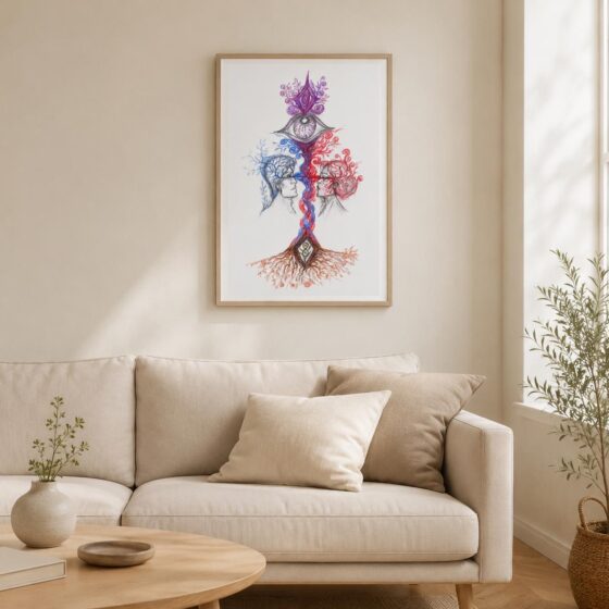 Gerahmter Fine Art Print „Zwischen Ich und Du“ in einem hellen Wohnraum