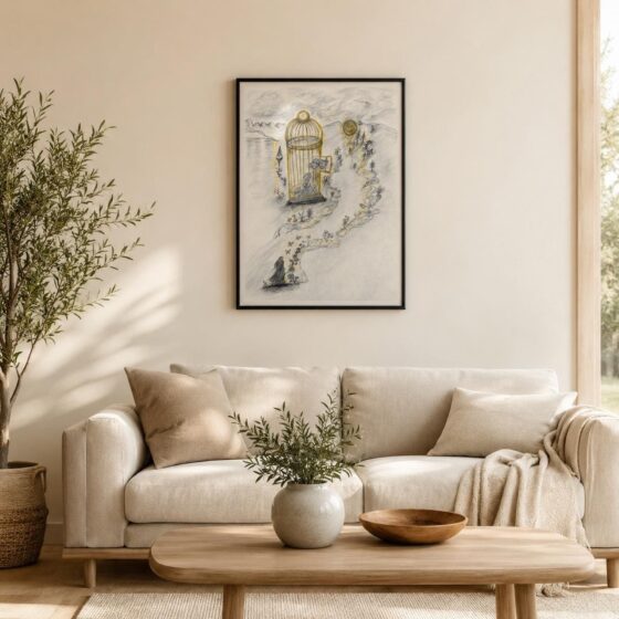Gerahmter Fine Art Print „Der Goldene Käfig“ mit Schmetterling und goldenem Käfig