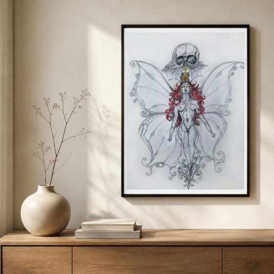 Gerahmter Fine Art Print „Hüterin der gebrochenen Ordnung“ mit geflügelter Frau, Totenkopf und Flamme